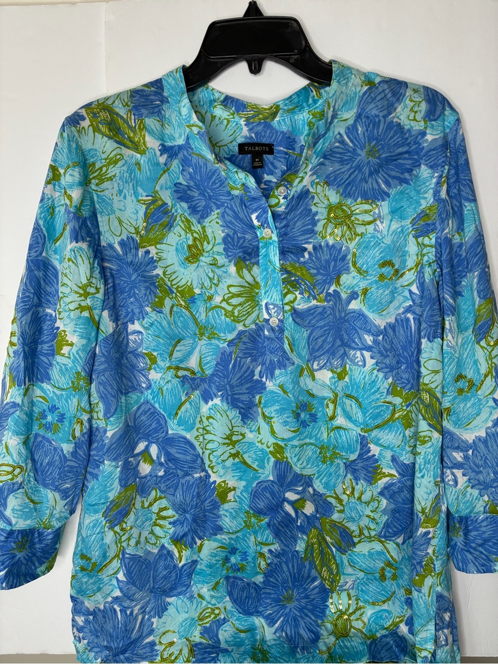 Talbots Aqua and Blue Floral Henley Tunic